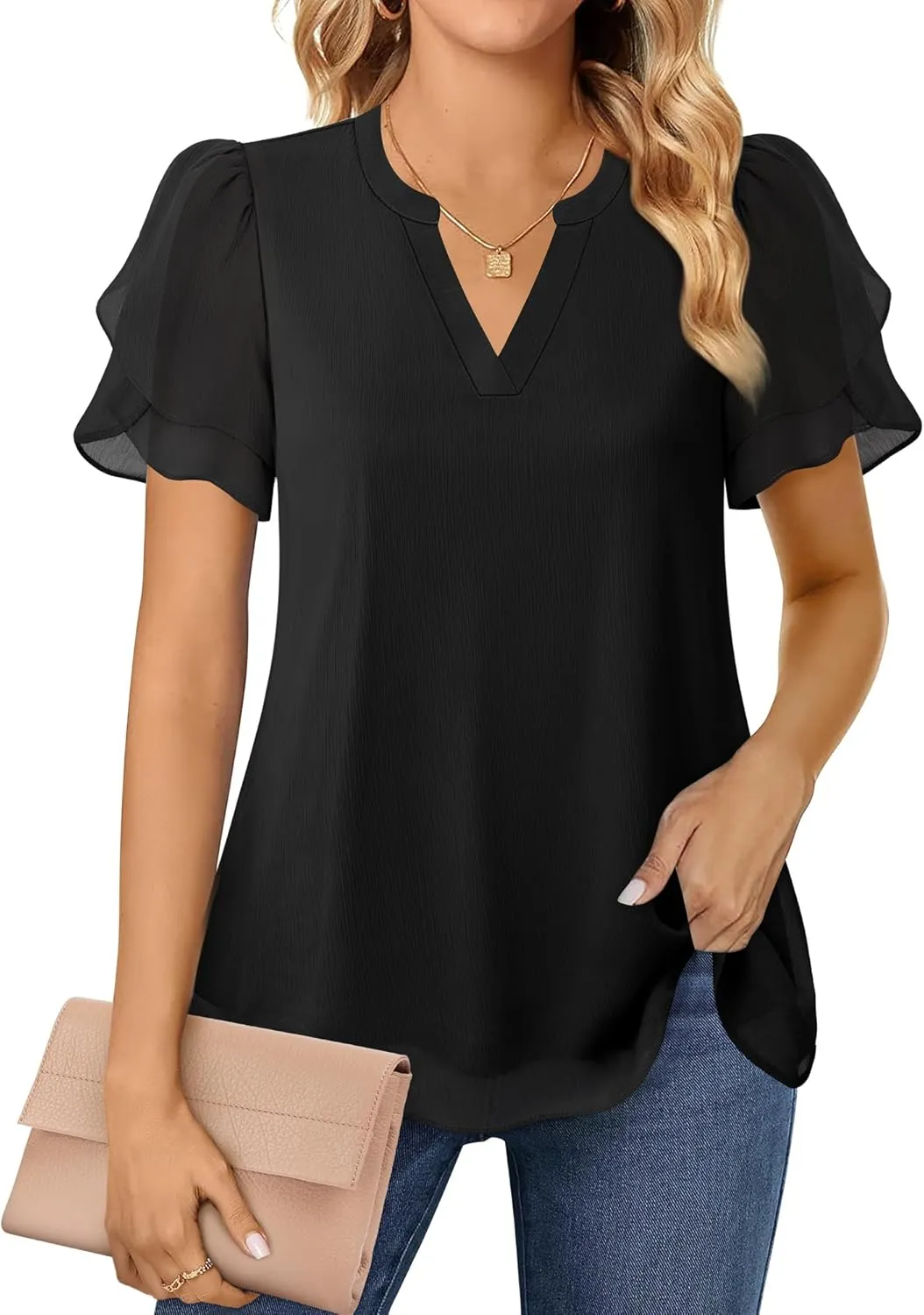Lotusmile Womens Dressy Chiffon Blouses Summer Puff Petal Short Sleeve Shirts V Neck Casual Work Tops