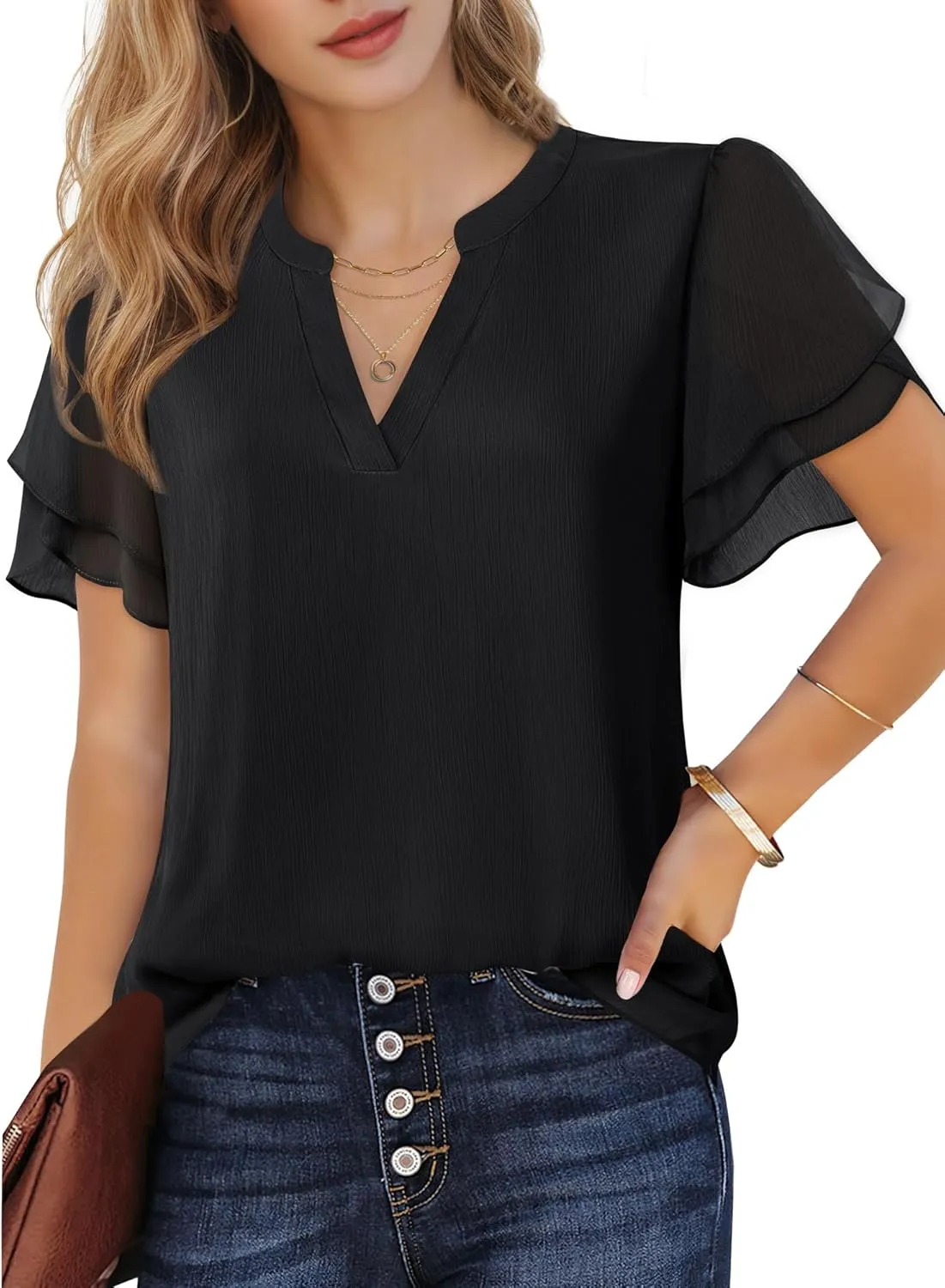 Lotusmile Womens Dressy Chiffon Blouses Summer Puff Petal Short Sleeve Shirts V Neck Casual Work Tops