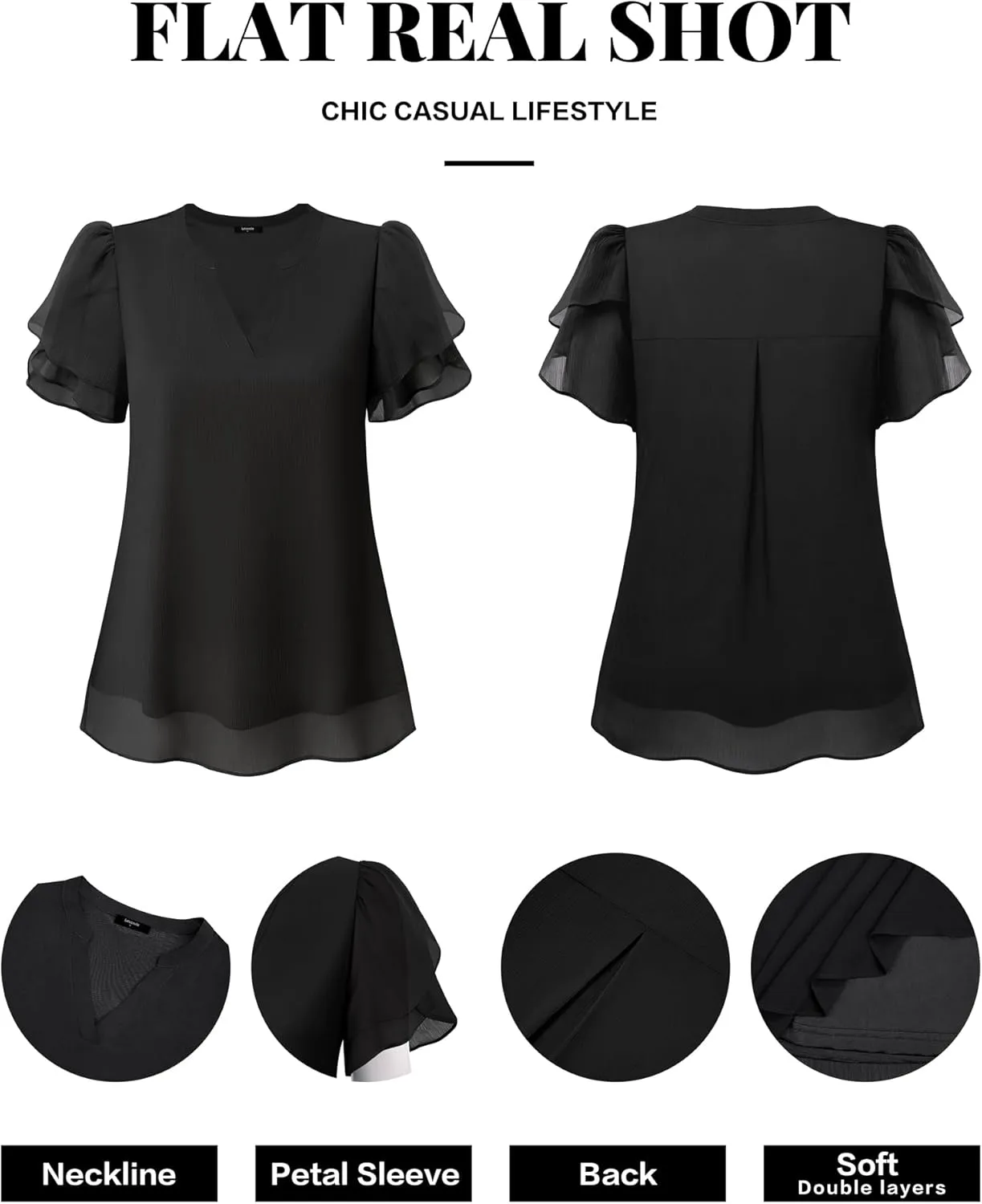 Lotusmile Womens Dressy Chiffon Blouses Summer Puff Petal Short Sleeve Shirts V Neck Casual Work Tops