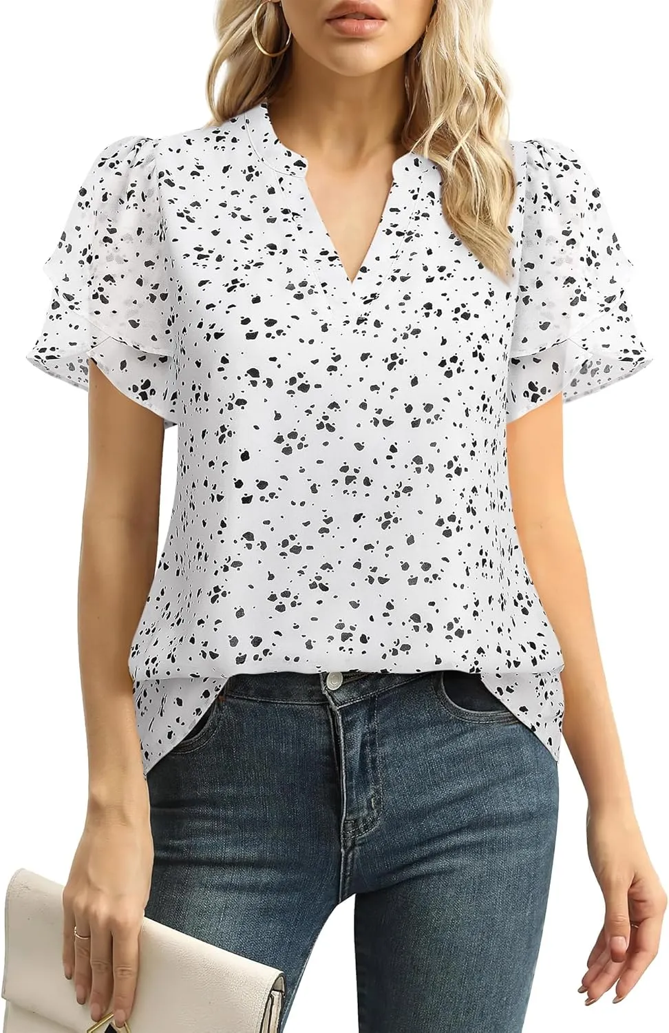 Lotusmile Womens Dressy Chiffon Blouses Summer Puff Petal Short Sleeve Shirts V Neck Casual Work Tops