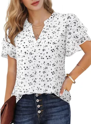 Lotusmile Womens Dressy Chiffon Blouses Summer Puff Petal Short Sleeve Shirts V Neck Casual Work Tops