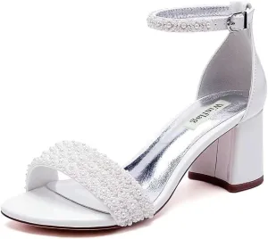 Low Block Heel Wedding Sandals Beaded Wedding Shoes for Bride Ankle Strap Bridal Heels