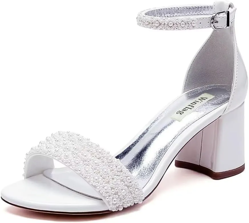 Low Block Heel Wedding Sandals Beaded Wedding Shoes for Bride Ankle Strap Bridal Heels