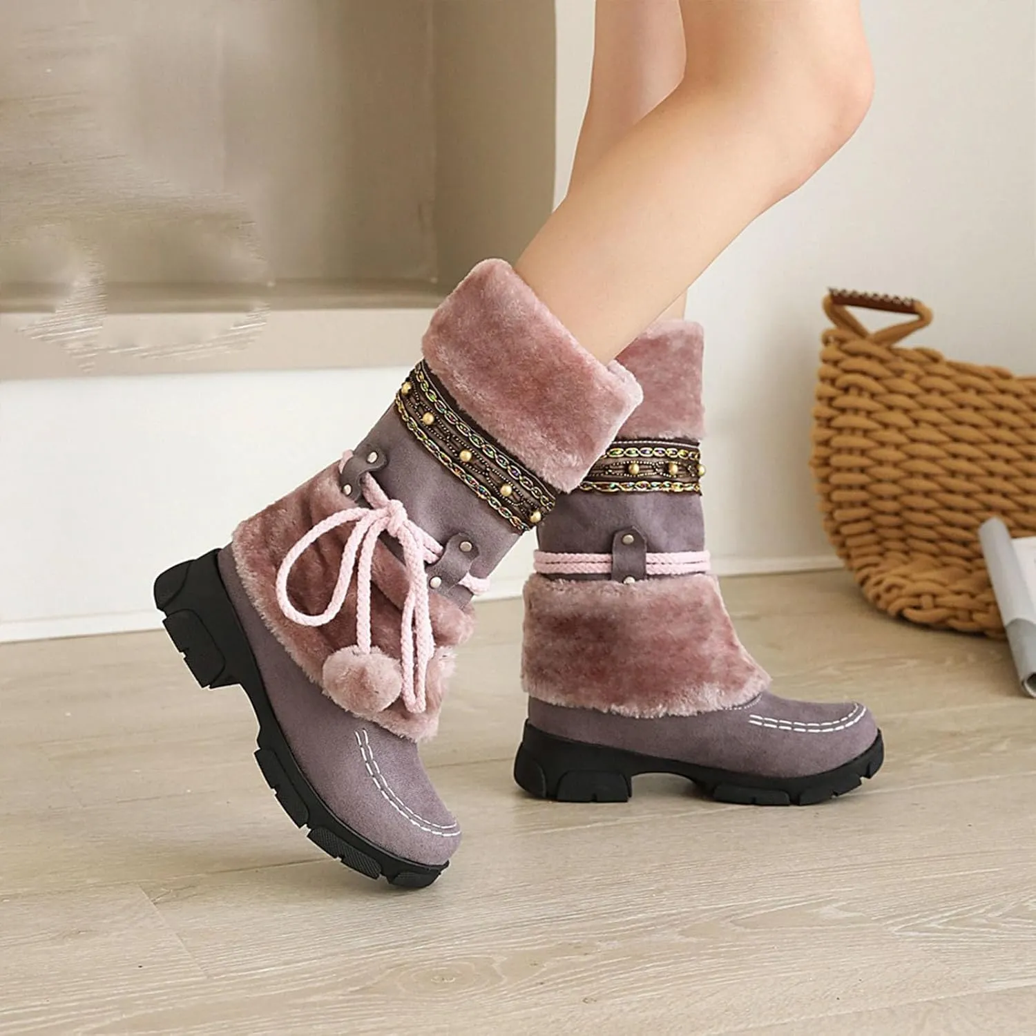 Low Heel Slip On Snow Boots, Raw Edge Fluffy Ball Lace Up Straight Boots Anti Slip Winter Boots Crystal Embellished Exotic Women's Fashion Boots