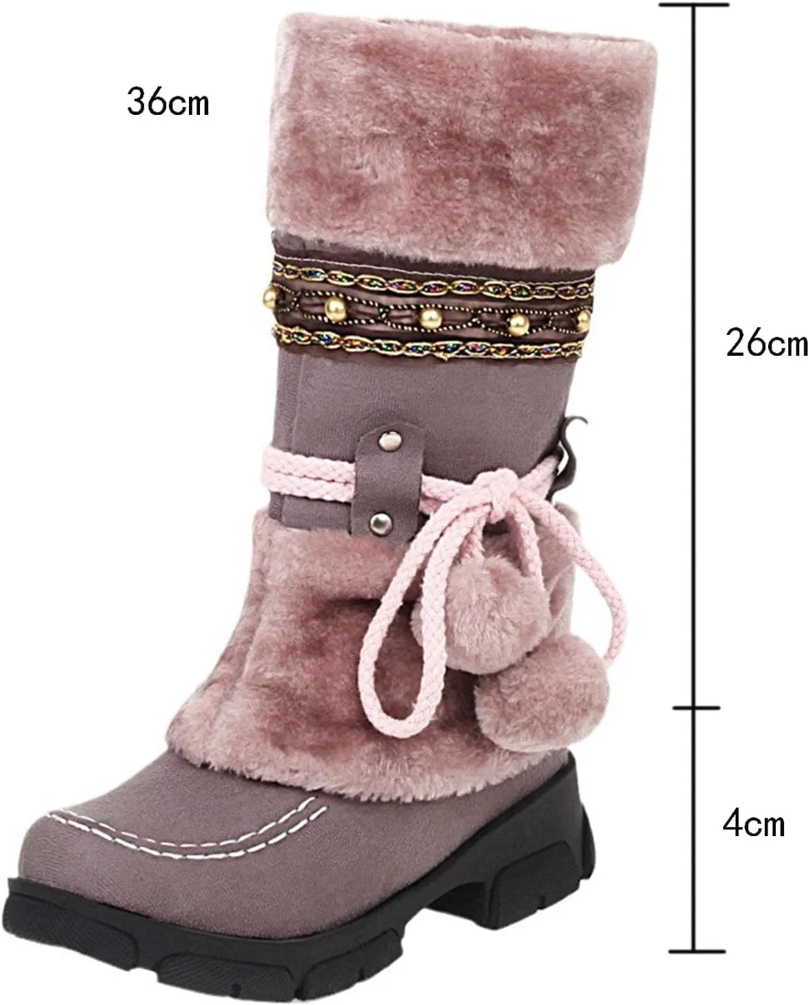 Low Heel Slip On Snow Boots, Raw Edge Fluffy Ball Lace Up Straight Boots Anti Slip Winter Boots Crystal Embellished Exotic Women's Fashion Boots