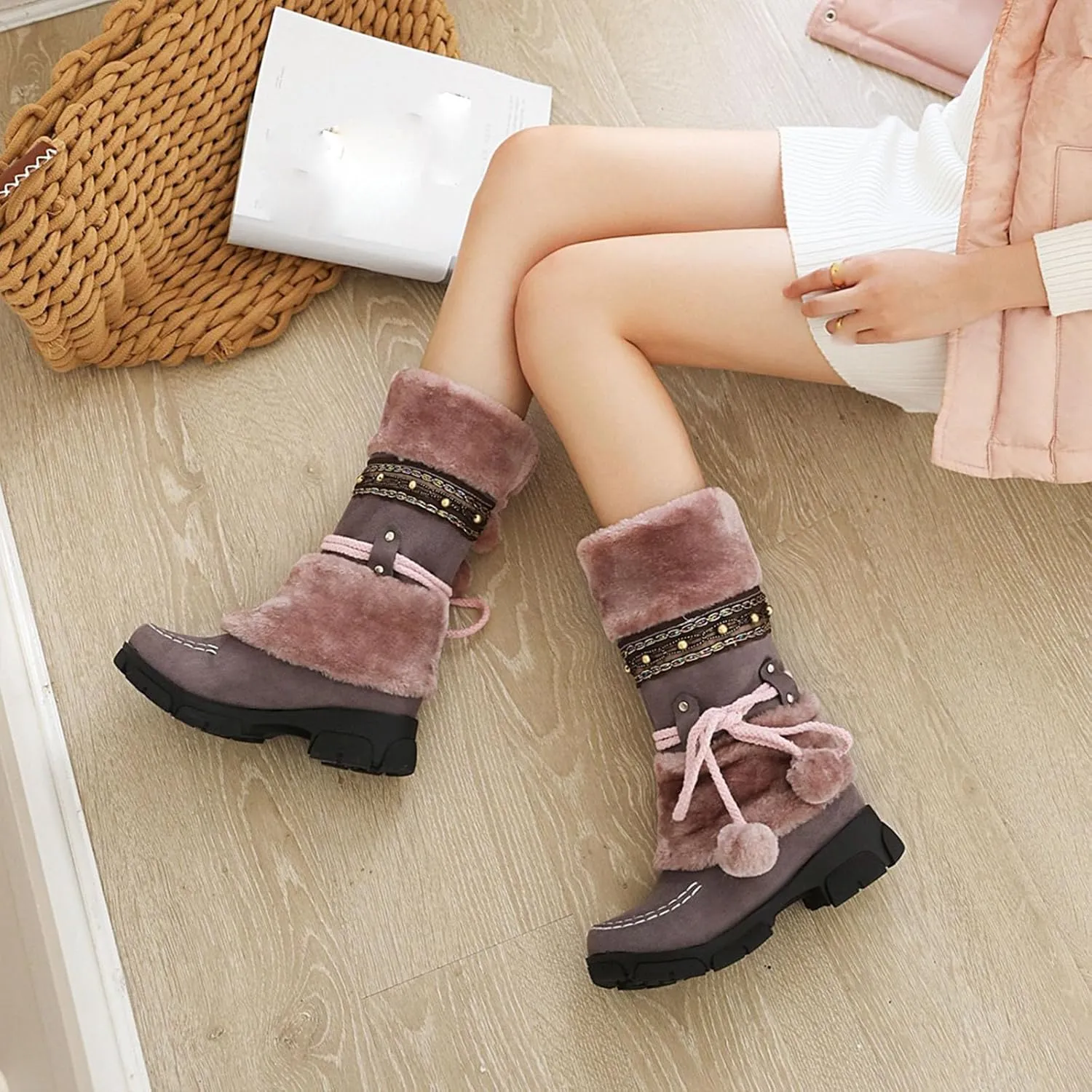 Low Heel Slip On Snow Boots, Raw Edge Fluffy Ball Lace Up Straight Boots Anti Slip Winter Boots Crystal Embellished Exotic Women's Fashion Boots
