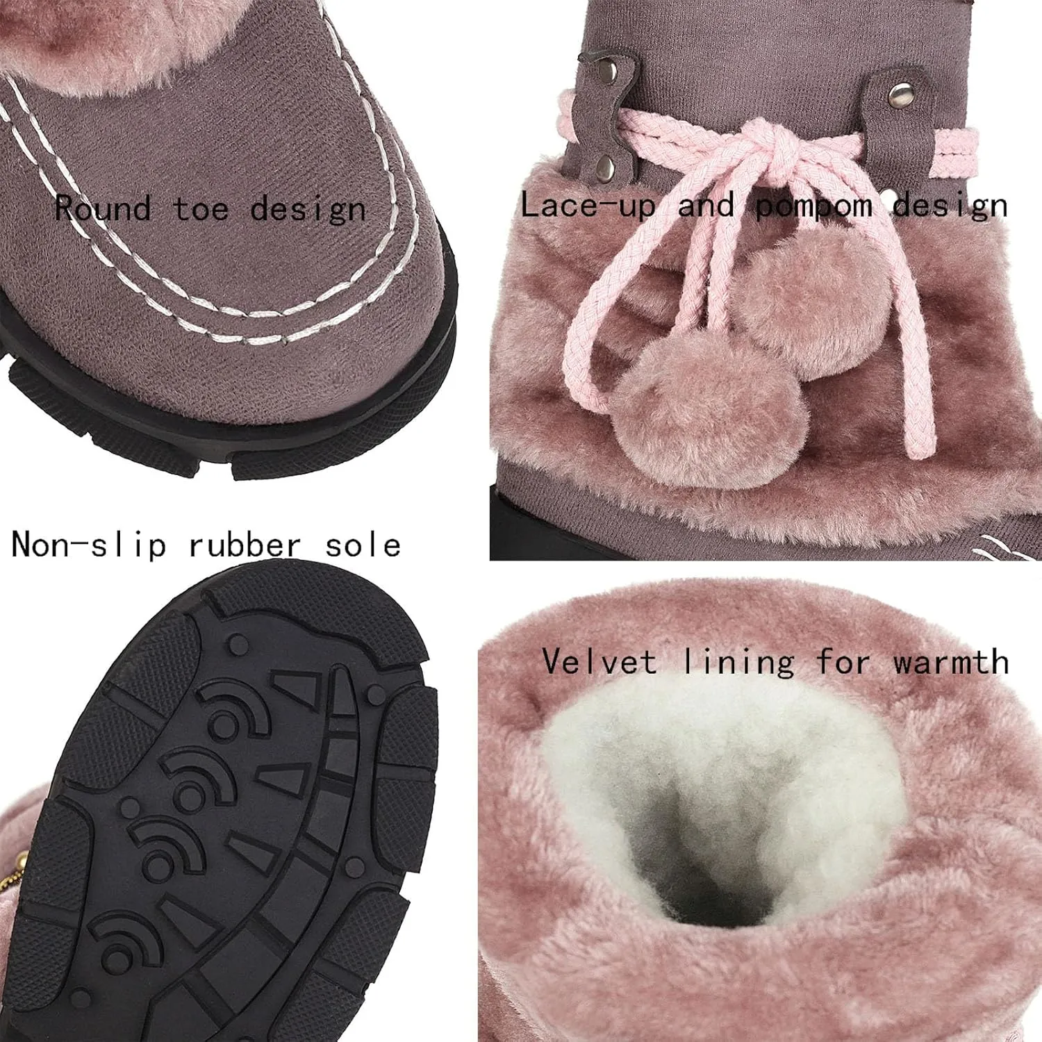 Low Heel Slip On Snow Boots, Raw Edge Fluffy Ball Lace Up Straight Boots Anti Slip Winter Boots Crystal Embellished Exotic Women's Fashion Boots