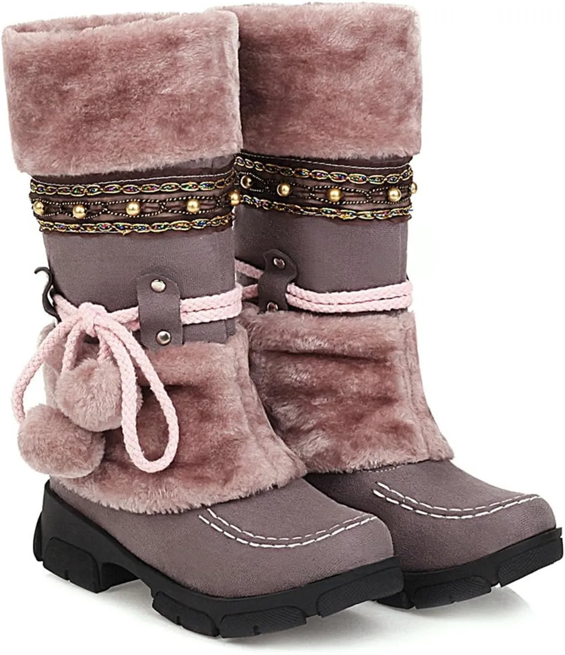 Low Heel Slip On Snow Boots, Raw Edge Fluffy Ball Lace Up Straight Boots Anti Slip Winter Boots Crystal Embellished Exotic Women's Fashion Boots