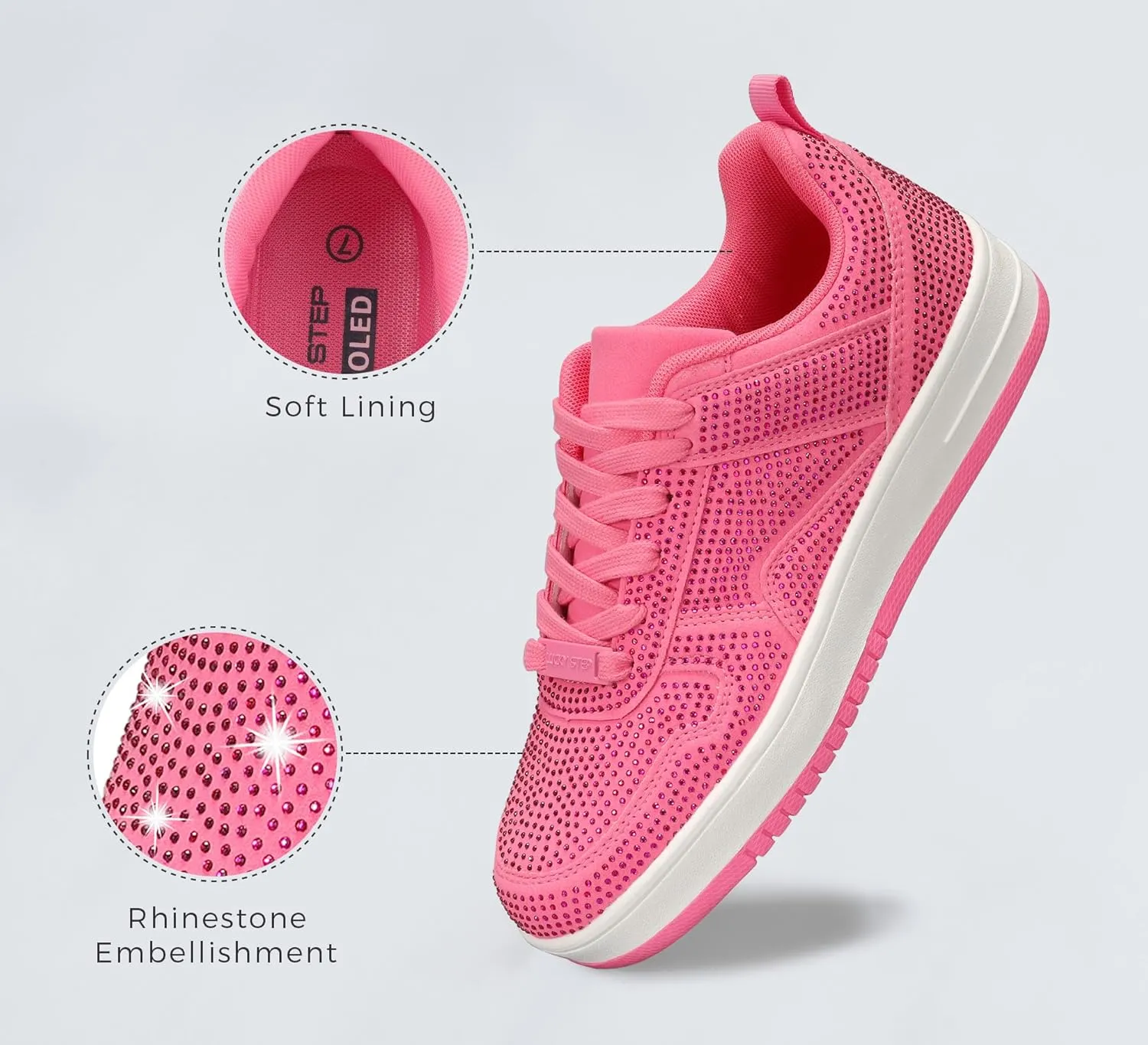 LUCKY STEP Women Fashion Sparkle Rhinestone Sneakers White Leather Low Top Tennis Shoes Lace Up Casual Comfortable Walking Shoe