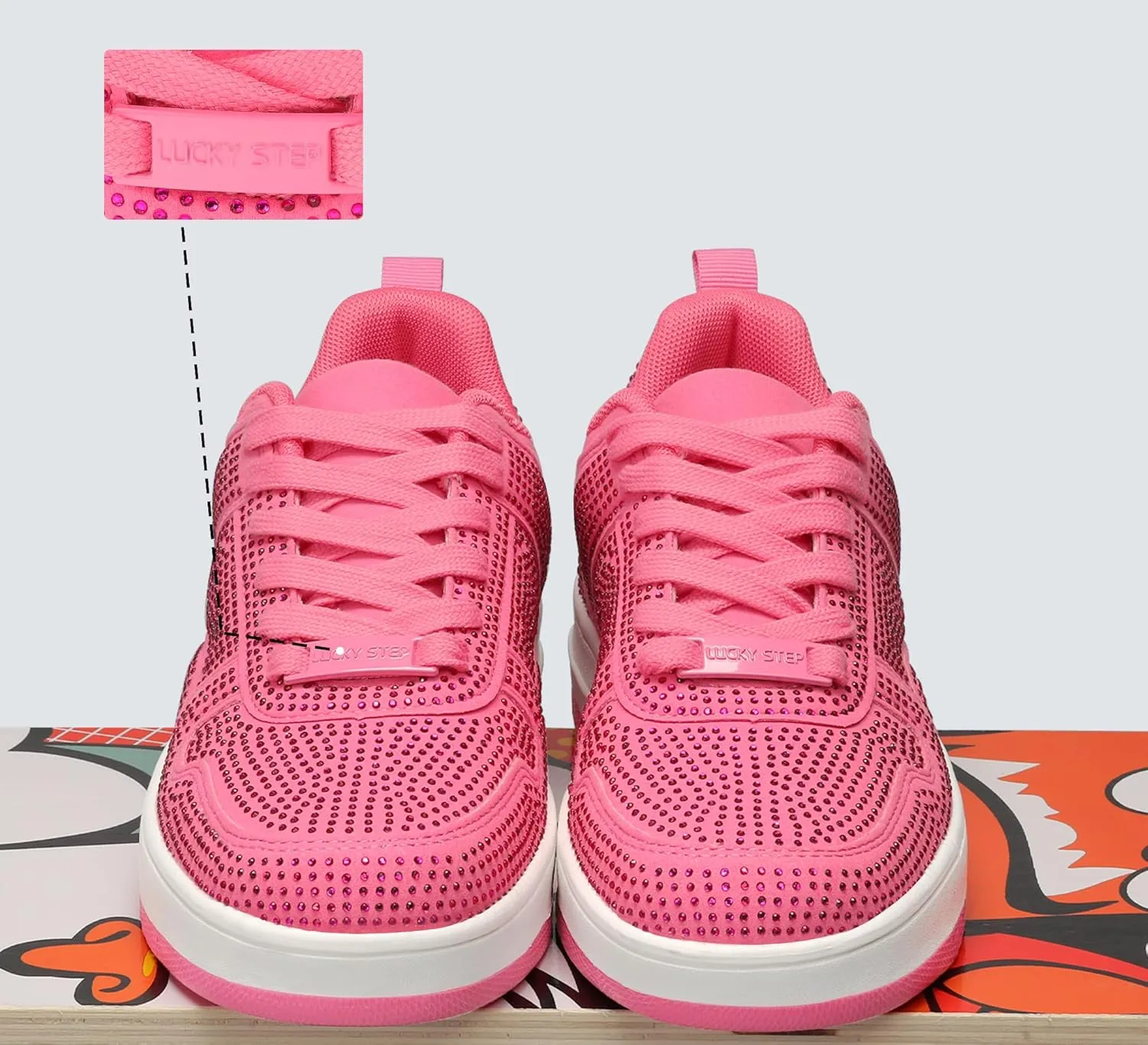 LUCKY STEP Women Fashion Sparkle Rhinestone Sneakers White Leather Low Top Tennis Shoes Lace Up Casual Comfortable Walking Shoe