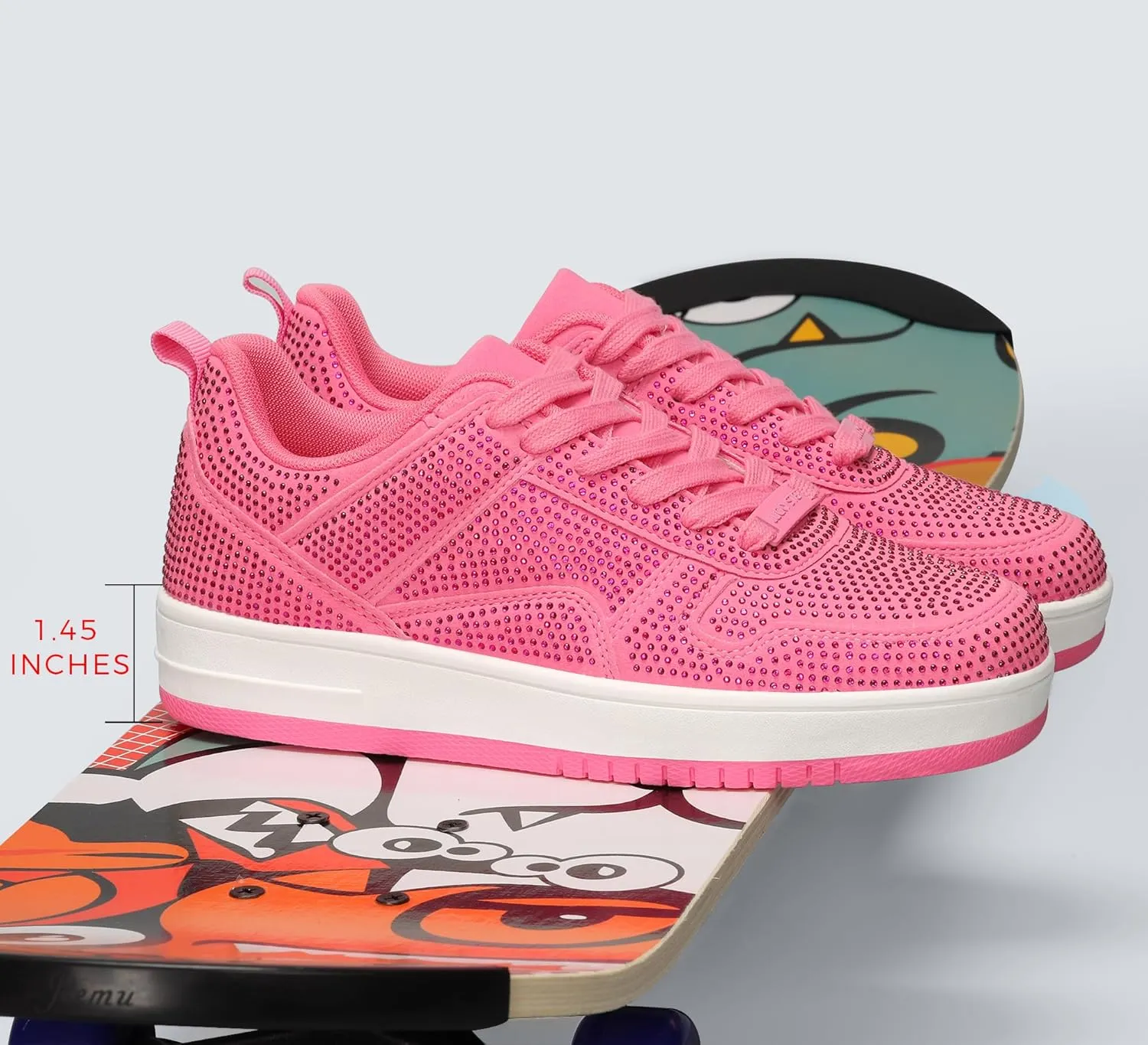 LUCKY STEP Women Fashion Sparkle Rhinestone Sneakers White Leather Low Top Tennis Shoes Lace Up Casual Comfortable Walking Shoe