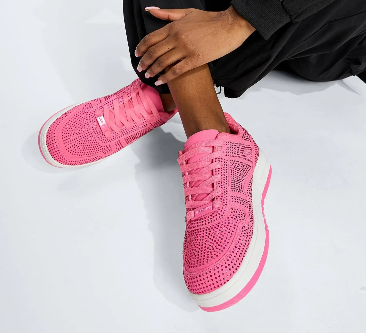 LUCKY STEP Women Fashion Sparkle Rhinestone Sneakers White Leather Low Top Tennis Shoes Lace Up Casual Comfortable Walking Shoe