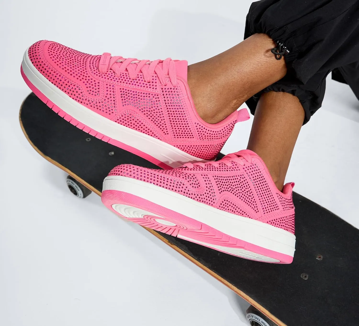 LUCKY STEP Women Fashion Sparkle Rhinestone Sneakers White Leather Low Top Tennis Shoes Lace Up Casual Comfortable Walking Shoe