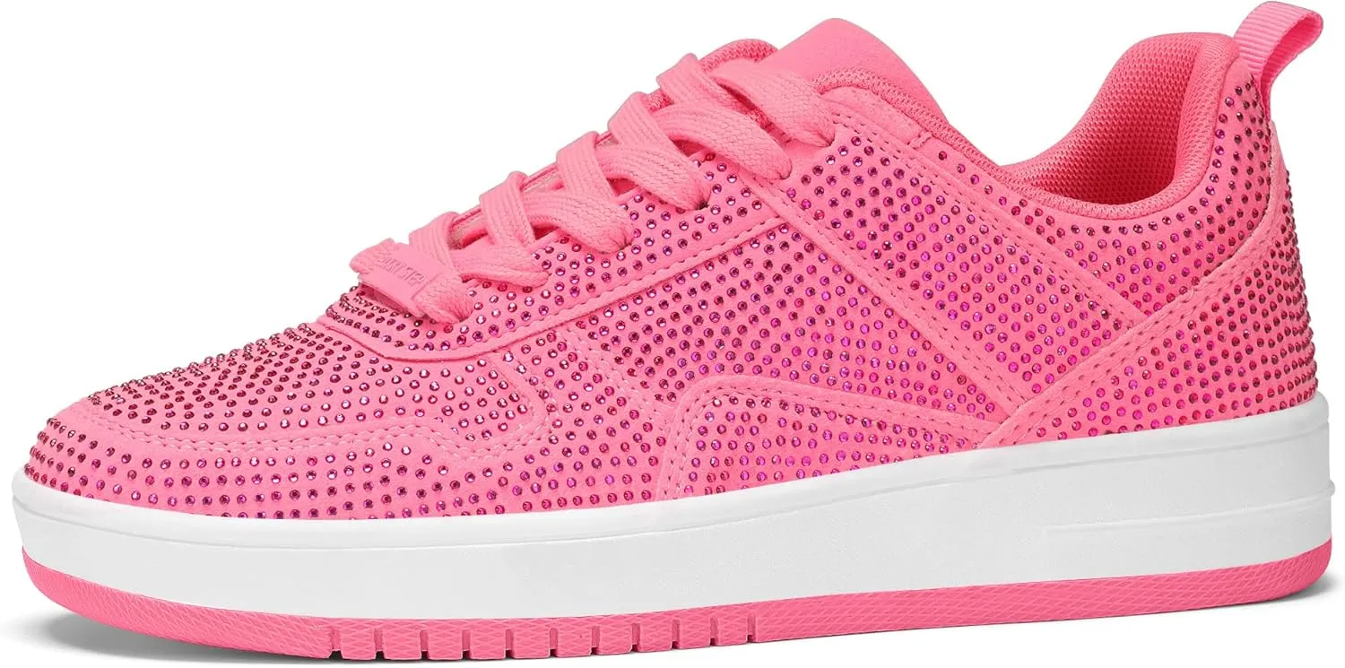 LUCKY STEP Women Fashion Sparkle Rhinestone Sneakers White Leather Low Top Tennis Shoes Lace Up Casual Comfortable Walking Shoe