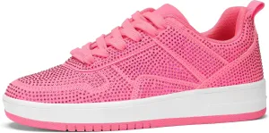 LUCKY STEP Women Fashion Sparkle Rhinestone Sneakers White Leather Low Top Tennis Shoes Lace Up Casual Comfortable Walking Shoe