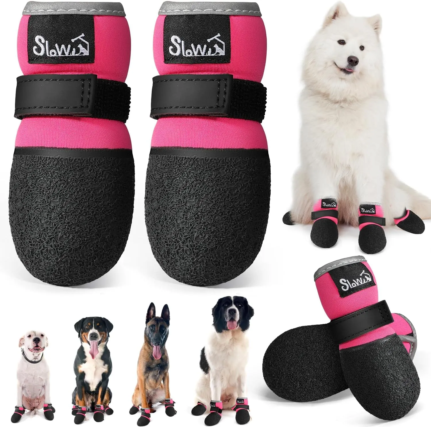 Lukovee Dog Shoes – Breathable Dog Sock Shoes for Hardwood Floor Snow Hot Pavement, Waterproof Non-Slip Soles Booties with Reflective Strip for Small Medium Large Dogs (Size 5, Fuchsia)