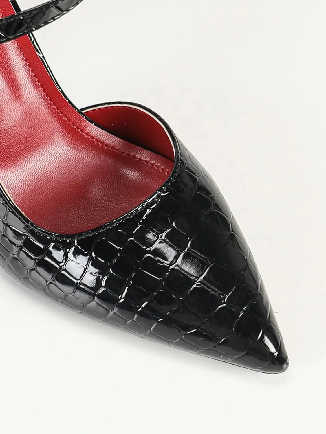 Luxury Black Patent Leather High Heel Sandals for Women – Crocodile Texture Pointed-Toe Pumps with Adjustable Ankle Straps, Red Insole, Perfect for Business Meetings, Banquets, and Formal Events