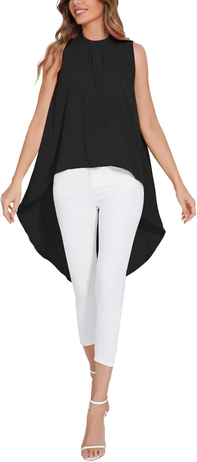 LYANER Women's Asymmetrical High Low Sleeveless Mock Neck Flowy Blouse Tops