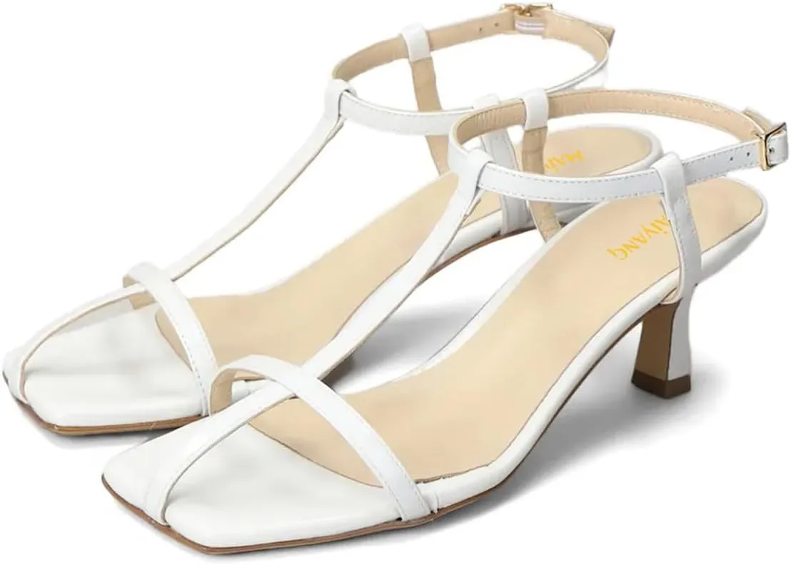 Maiyang Women Open Square Toe T-Strap Sandals Adjustable Buckle Low Kitten Heels Fashion Summer Casual Shoes Size 4-16 US