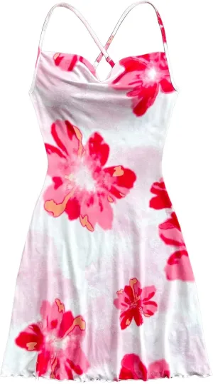 MakeMeChic Women's Floral Cami Dress Criss Cross Backless Draped Going Out Mini Dresses Sundress