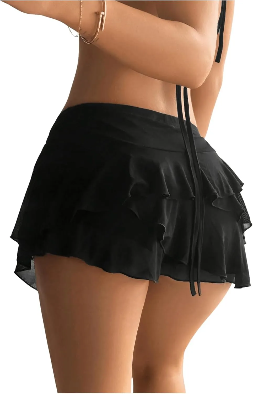 MakeMeChic Women's Y2K Sheer Mesh Mini Skirt Ruffle Hem Drop Waist Layered Tie Side Short Skirts