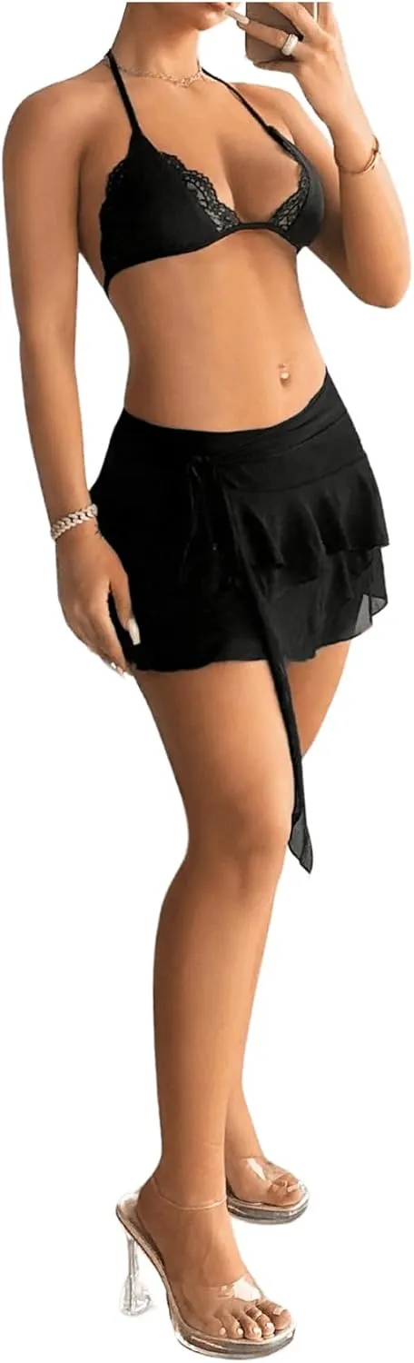 MakeMeChic Women's Y2K Sheer Mesh Mini Skirt Ruffle Hem Drop Waist Layered Tie Side Short Skirts