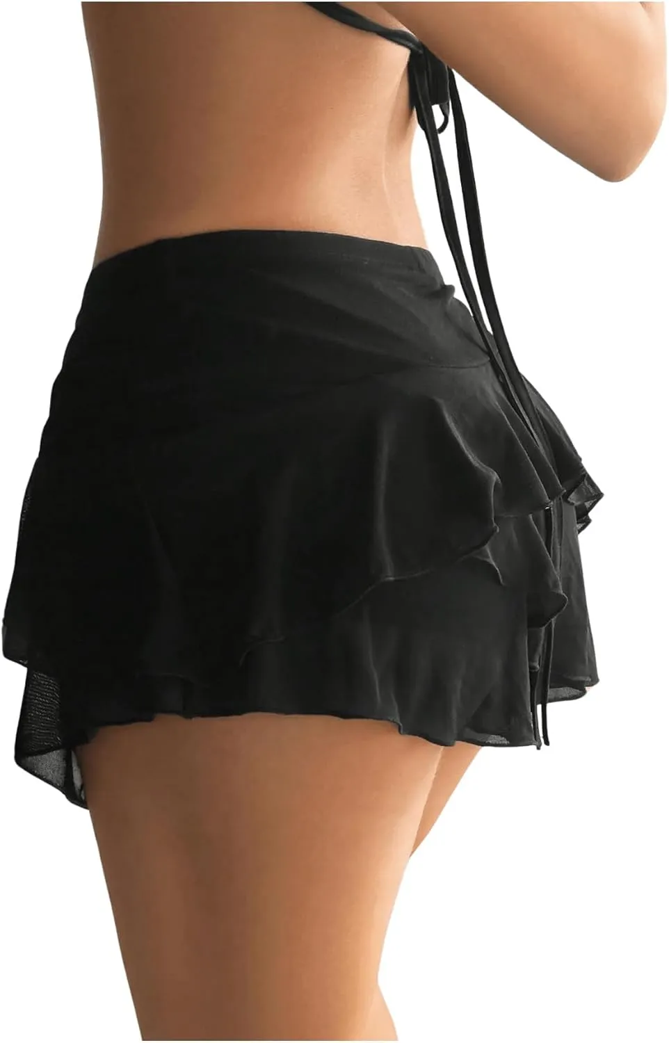 MakeMeChic Women's Y2K Sheer Mesh Mini Skirt Ruffle Hem Drop Waist Layered Tie Side Short Skirts