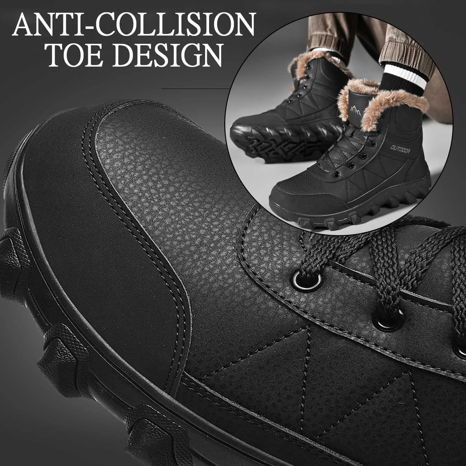 MEBAMY Men's Snow Boots Lightweight Black Hiking Winter Boots Fur Lined Anti-slip Cold Weather Shoes Furry Outdoor Snow Boot