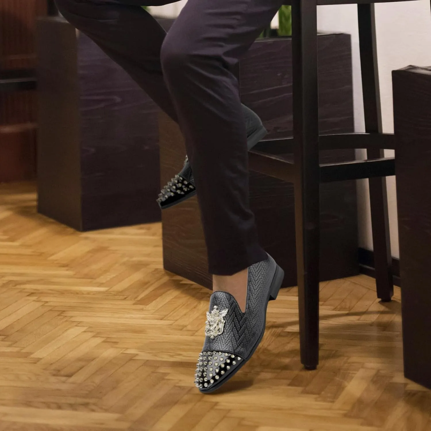 Meijiana Mens Velvet Loafers Dress Shoes with Metal Embellishments Party Luxury Loafer Shoes