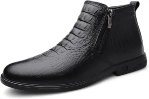 Men's Ankle Boots Block Heel Non Slip Wearable Leather Crocodile Print Double Side Zip Vintage Stylish