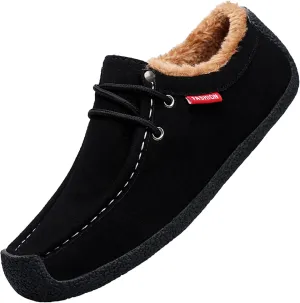 Men's Canvas Winter Fur Lining Penny Loafers Retro Comfortable Round Toe Lace-up Anti-Slip Flat Slip On Moccasin Boat Shoes for Office Party Walking Formal
