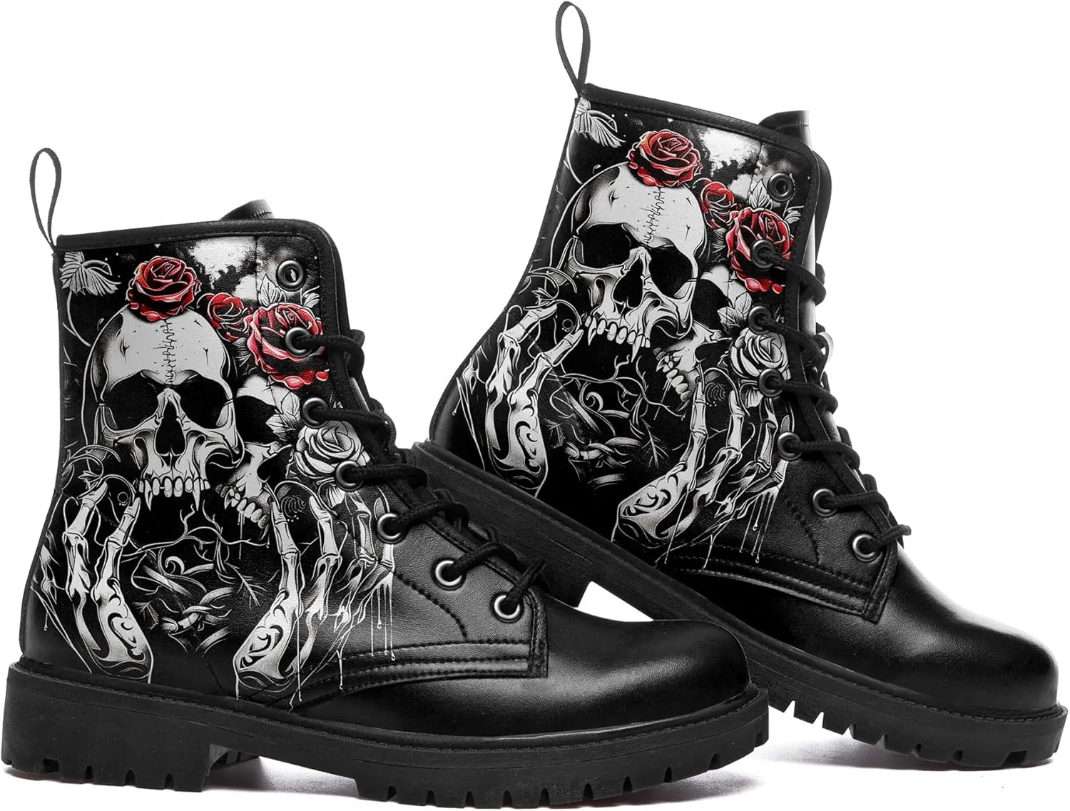 Men's Combat Ankle Boots Skull Rock Lace-Up Motorcycle Booties Goth Water Resistant Leather Work Boot for Women