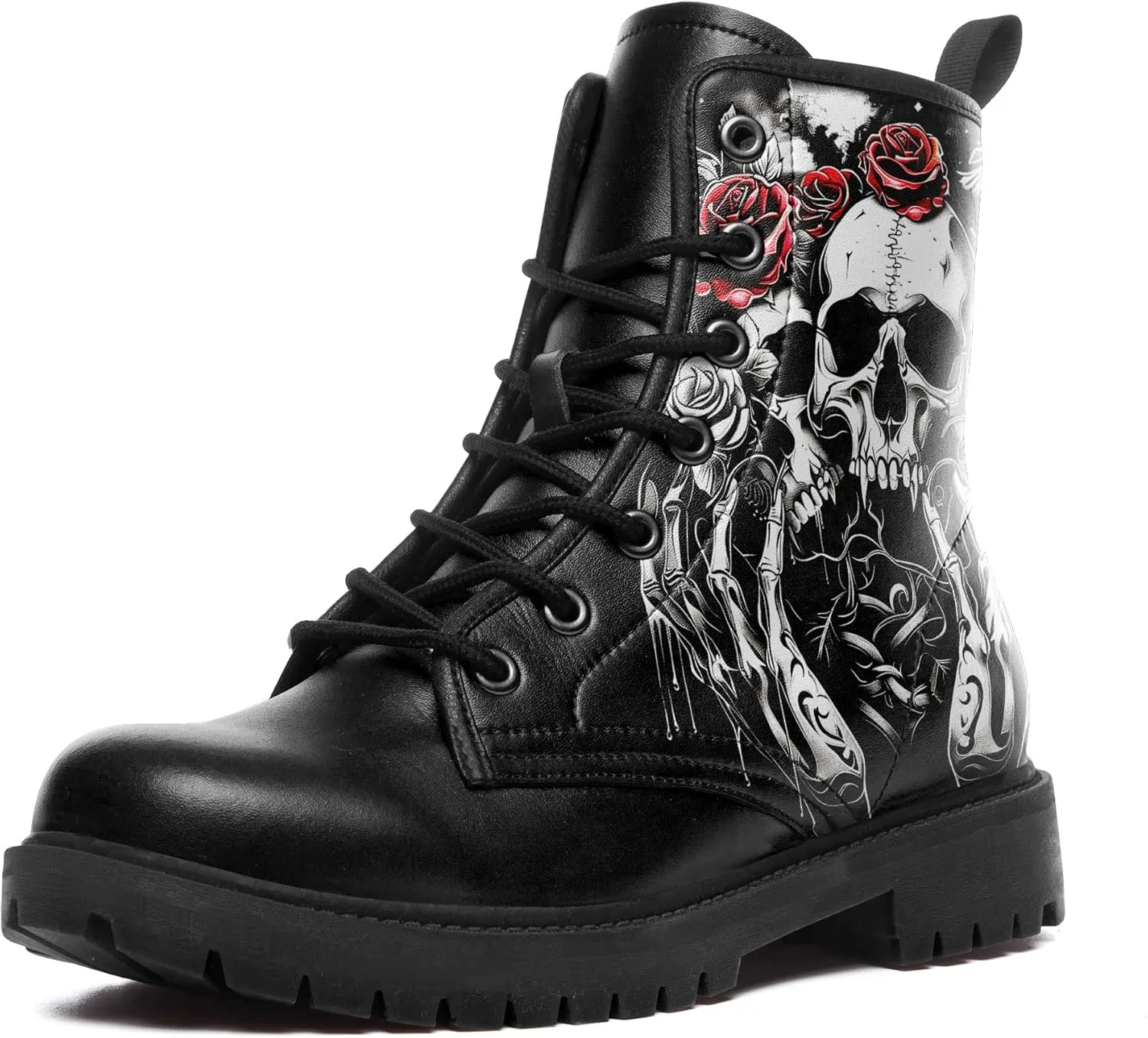 Men's Combat Ankle Boots Skull Rock Lace-Up Motorcycle Booties Goth Water Resistant Leather Work Boot for Women