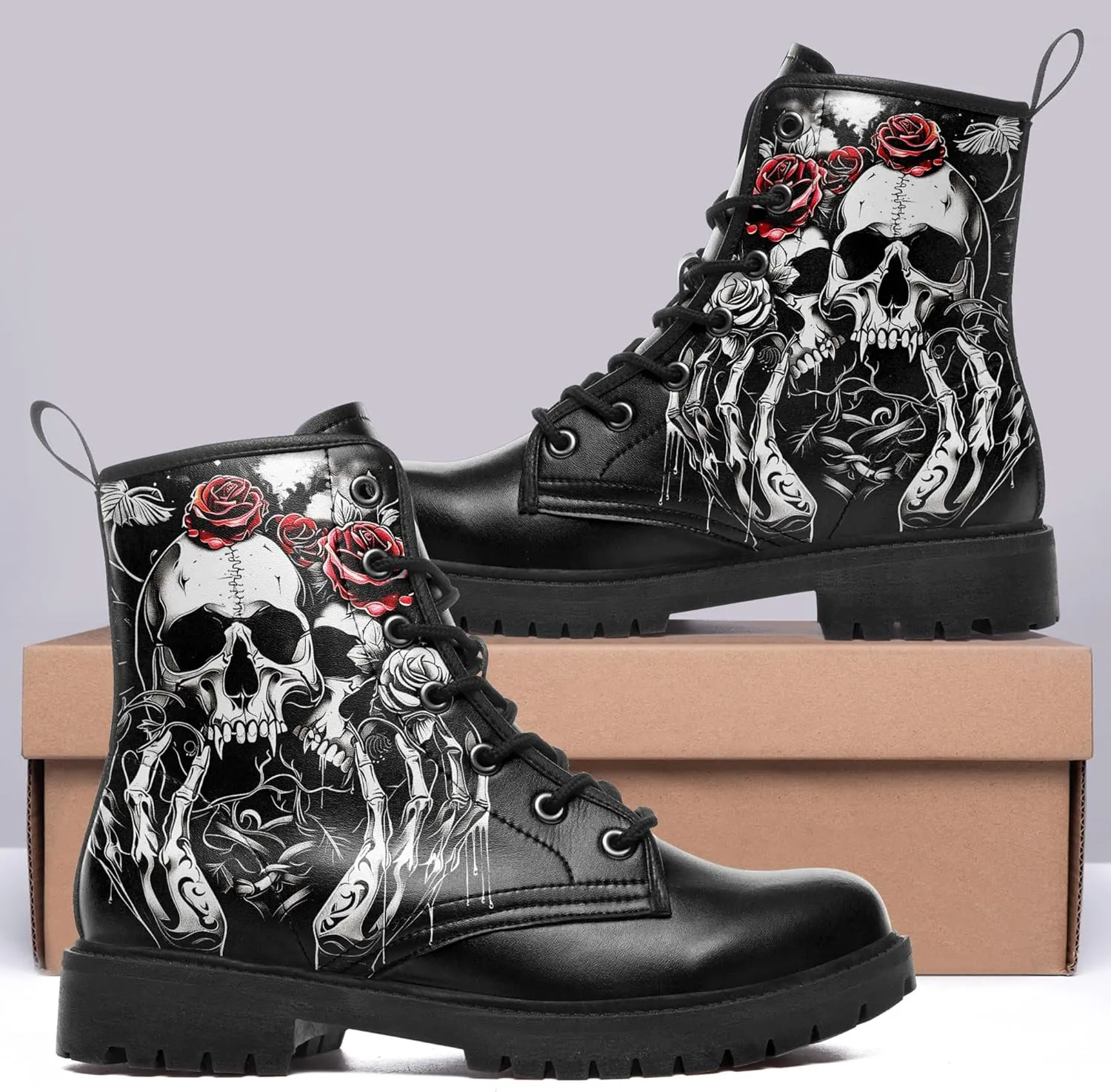 Men's Combat Ankle Boots Skull Rock Lace-Up Motorcycle Booties Goth Water Resistant Leather Work Boot for Women
