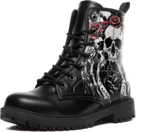 Men's Combat Ankle Boots Skull Rock Lace-Up Motorcycle Booties Goth Water Resistant Leather Work Boot for Women
