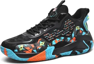 Mens Fashion High-Top Lace Up Leather Basketball Shoes Comfortable Non Slip Sneakers for Running Workout Training Athletic