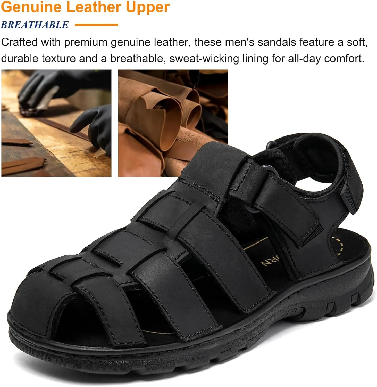 Mens Fisherman Leather Closed Toe Sandals Walking Dress Casual Sandalias Whith Memory Foam Summer Outdoor Athletic Adjustable Comfortable