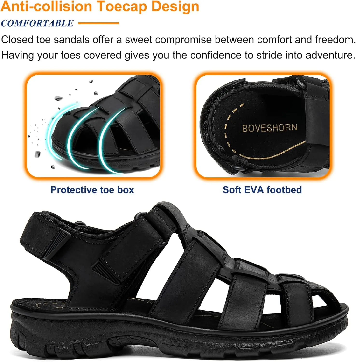 Mens Fisherman Leather Closed Toe Sandals Walking Dress Casual Sandalias Whith Memory Foam Summer Outdoor Athletic Adjustable Comfortable