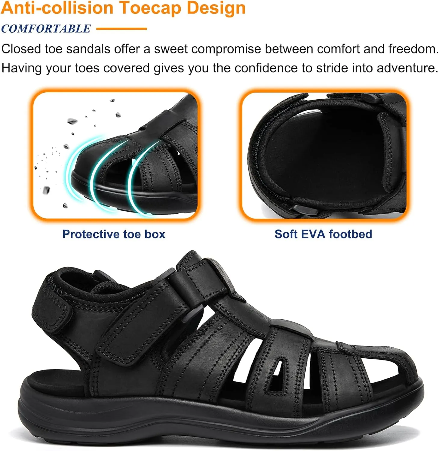 Mens Fisherman Leather Closed Toe Sandals Walking Dress Casual Sandalias Whith Memory Foam Summer Outdoor Athletic Adjustable Comfortable