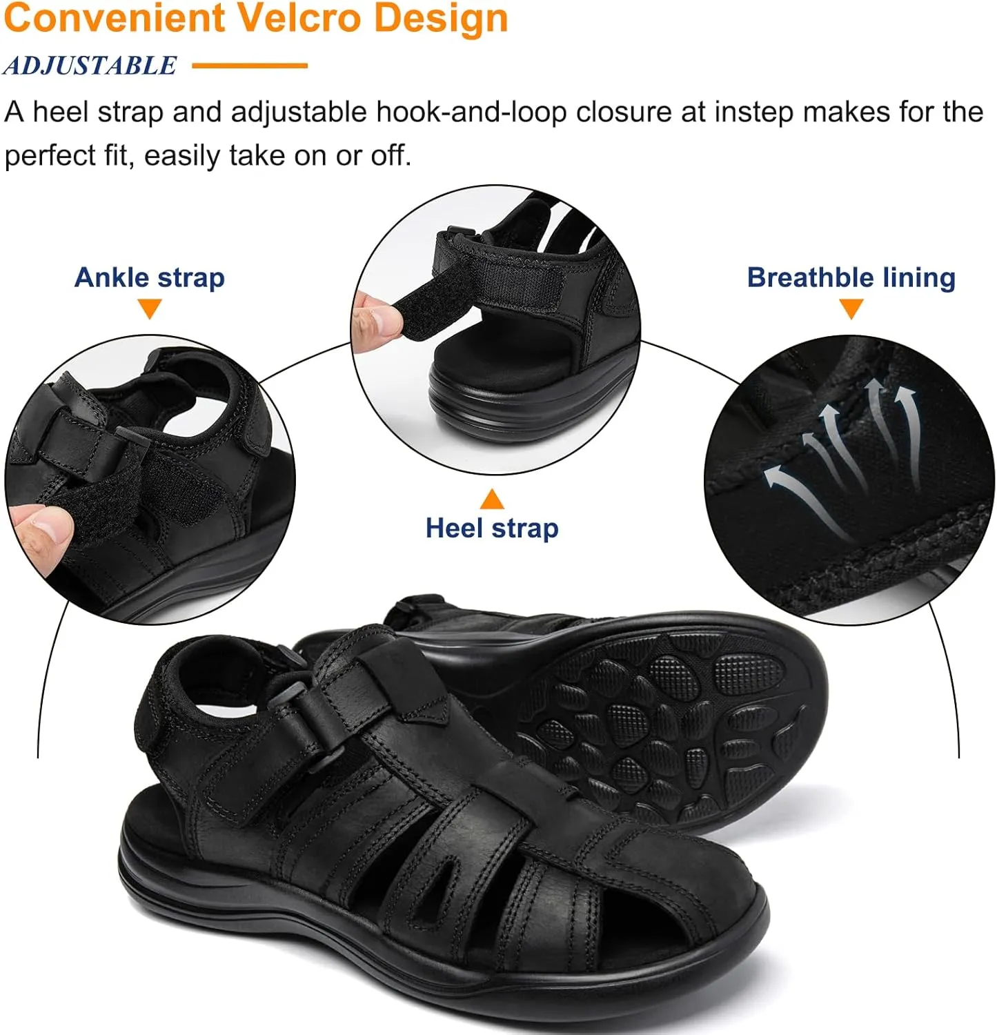 Mens Fisherman Leather Closed Toe Sandals Walking Dress Casual Sandalias Whith Memory Foam Summer Outdoor Athletic Adjustable Comfortable