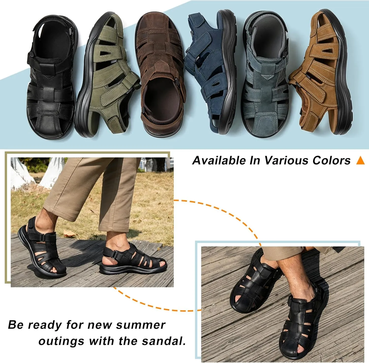 Mens Fisherman Leather Closed Toe Sandals Walking Dress Casual Sandalias Whith Memory Foam Summer Outdoor Athletic Adjustable Comfortable