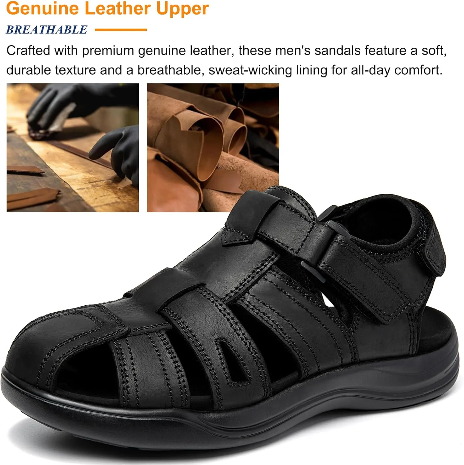 Mens Fisherman Leather Closed Toe Sandals Walking Dress Casual Sandalias Whith Memory Foam Summer Outdoor Athletic Adjustable Comfortable