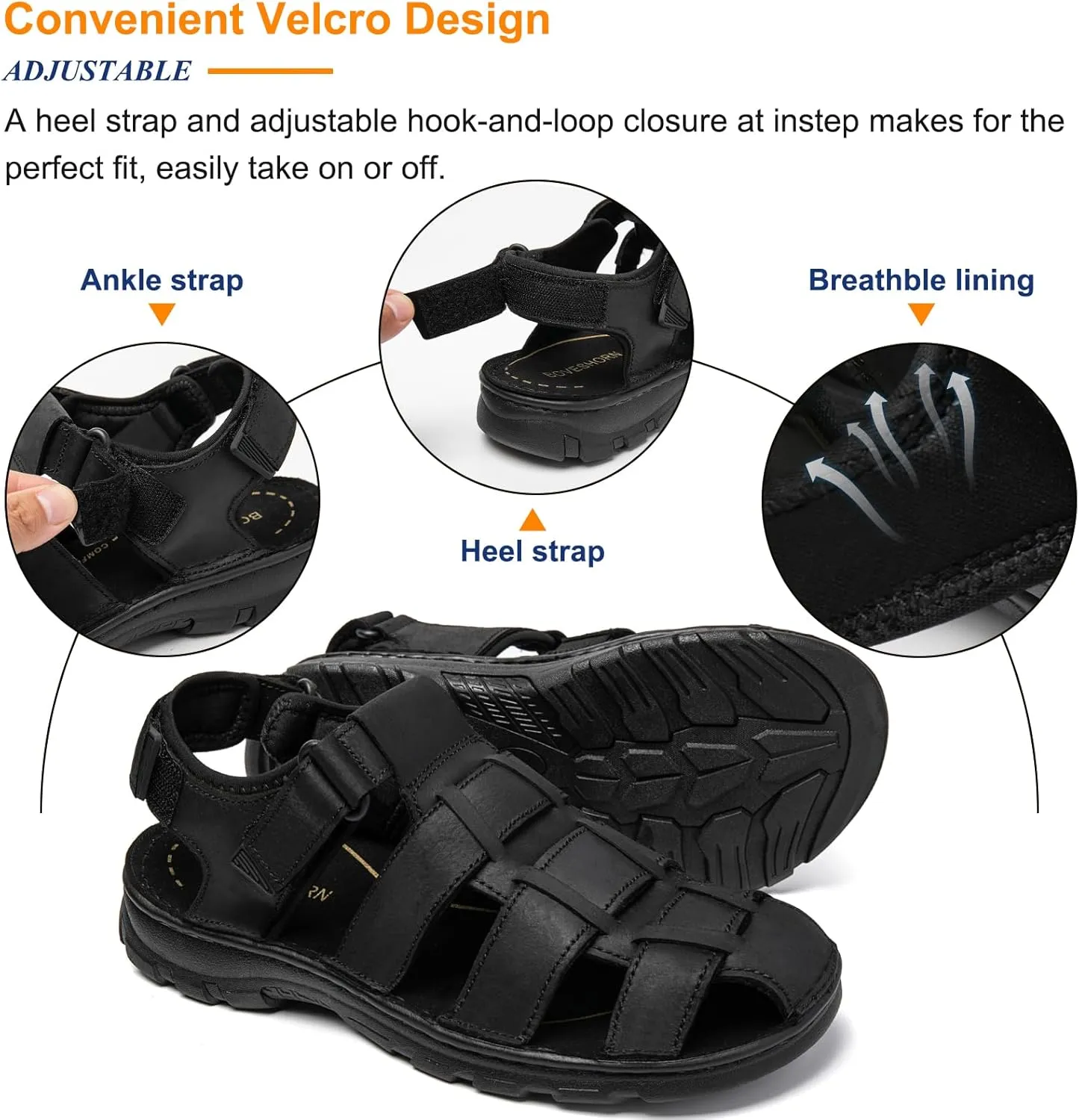 Mens Fisherman Leather Closed Toe Sandals Walking Dress Casual Sandalias Whith Memory Foam Summer Outdoor Athletic Adjustable Comfortable