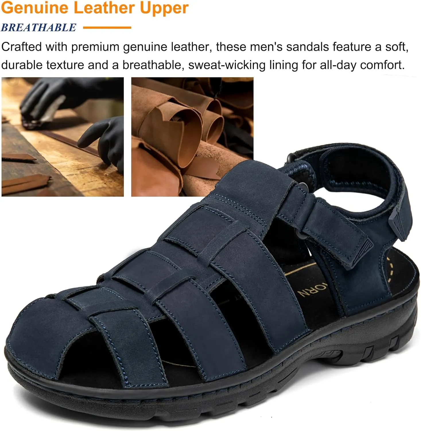 Mens Fisherman Leather Closed Toe Sandals Walking Dress Casual Sandalias Whith Memory Foam Summer Outdoor Athletic Adjustable Comfortable