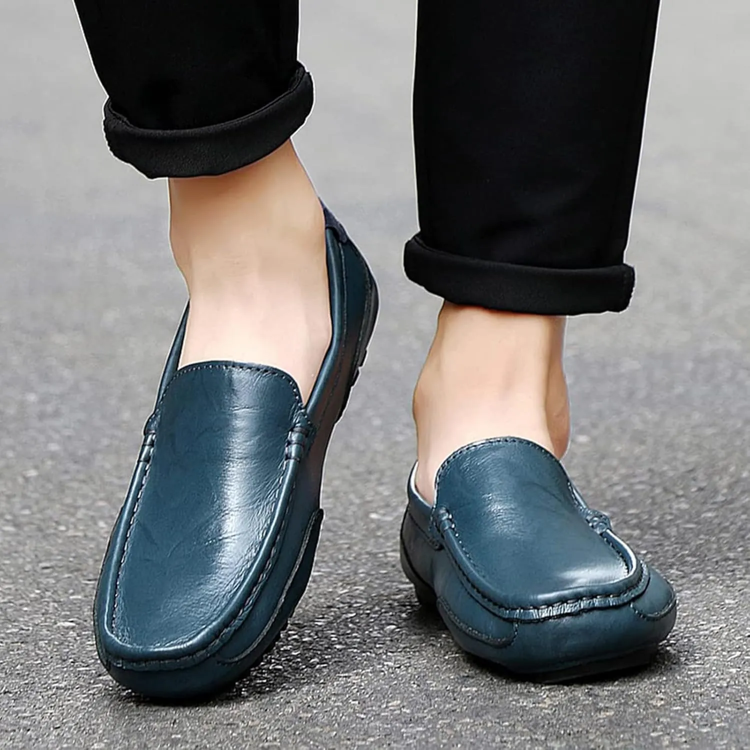 Men's Genuine Leather Square Toe Casual Slip On Loafers,Lightweight Comfortable Flat Moccasin Boat Shoes Casual Fashion Walking Driving Shoes
