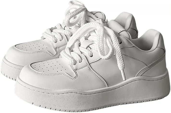 Men's Hiphop Chunky Fashion Sneaker - Lace Up Street Style Low Top Thick Sole Casual Comfortable Walking (White,7)