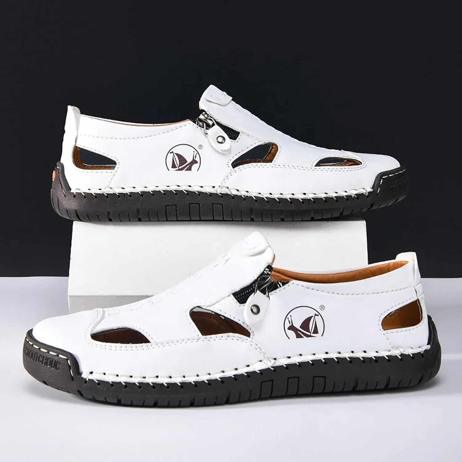 Mens Leather Sandals Hollow Closed Toe Summer Outdoor Casual Beach Shoes Casual Sports Sandals