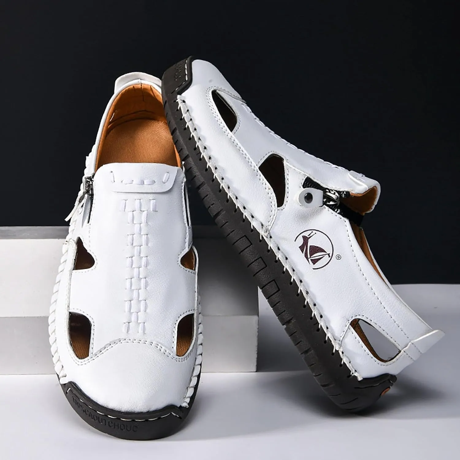 Mens Leather Sandals Hollow Closed Toe Summer Outdoor Casual Beach Shoes Casual Sports Sandals