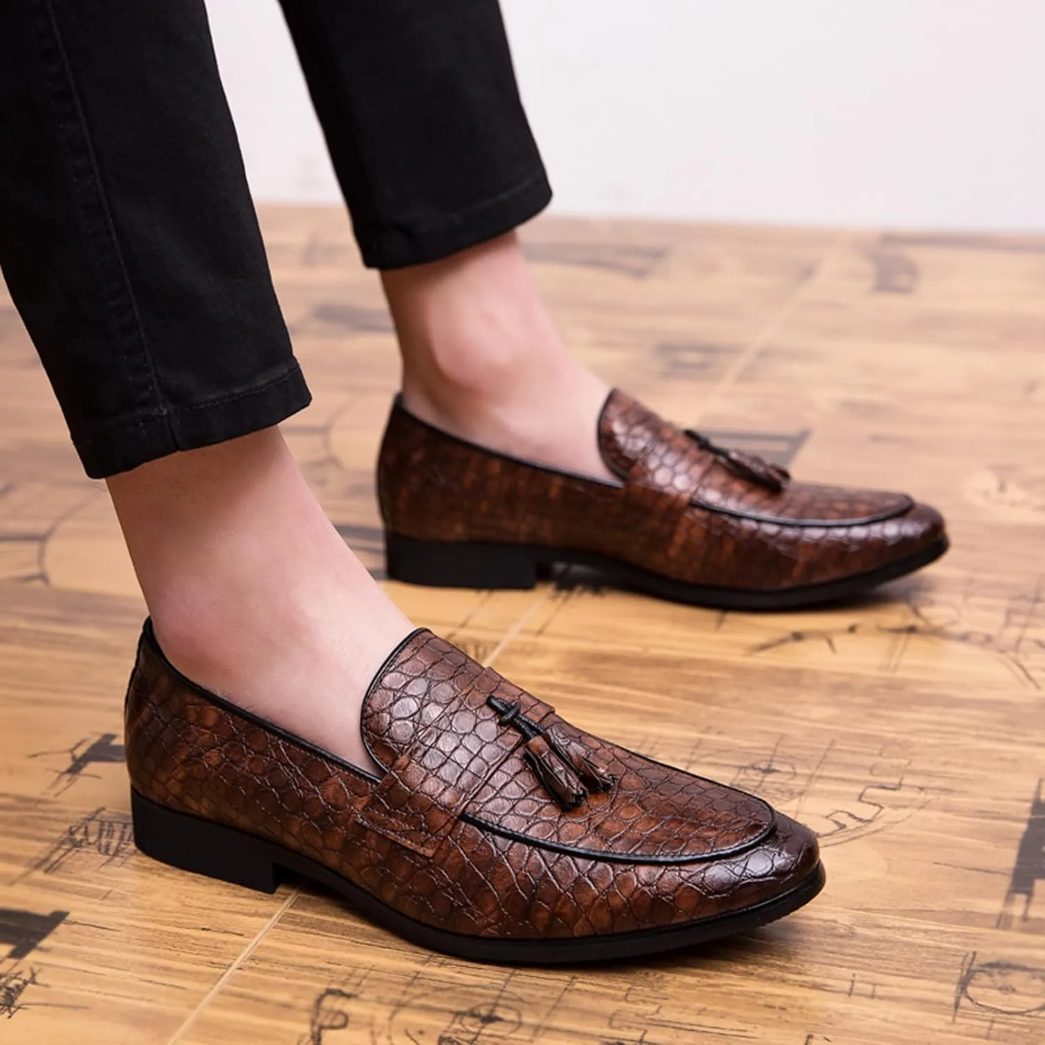Men's Leather Tassel Slip-on Penny Loafers,Fashion Retro Print Business Formal Oxfords,Comfortable Non-Slip Classic Party Dress Shoes