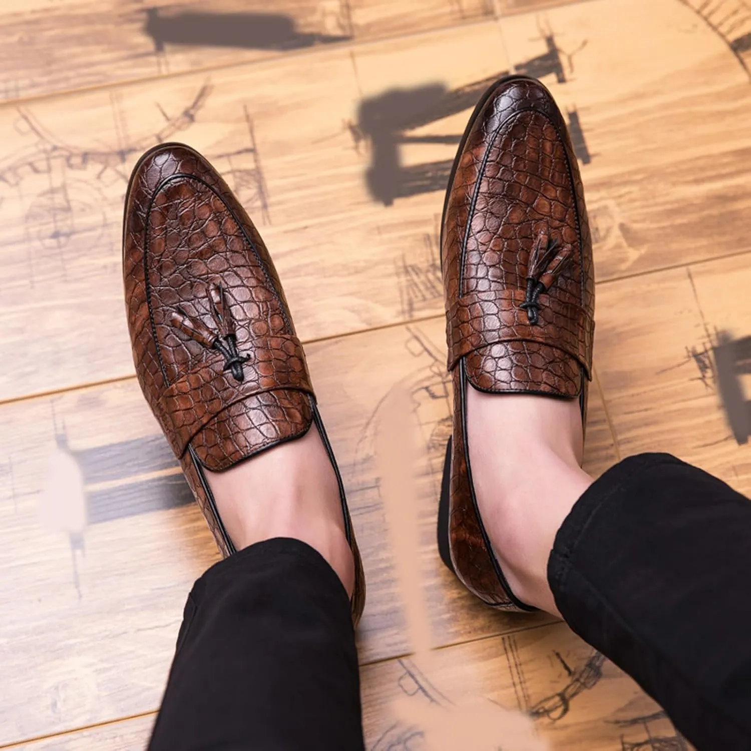 Men's Leather Tassel Slip-on Penny Loafers,Fashion Retro Print Business Formal Oxfords,Comfortable Non-Slip Classic Party Dress Shoes